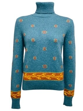 Chanel Blue Multi Intarsia Cashmere Knit Turtleneck Sweater with CC Logo Plate